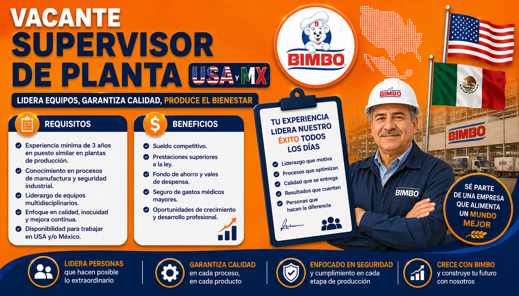 Vacante Supervisor de Planta Bimbo USA y MX